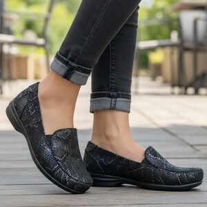 Abeo Black Snake Print Glitter Loafer Flats Women W7.5N R 410 Orthopedic Comfort